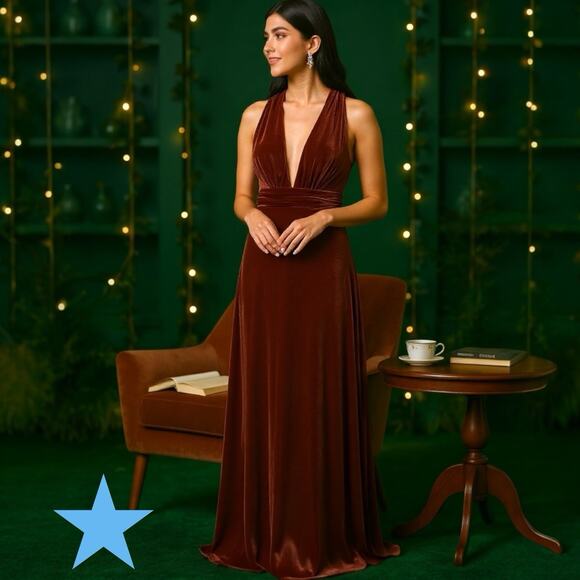 REVELRY Dylan Terracotta Brown Velvet Maxi Event Formal Dress Size 8 NWT Deep V - Picture 1 of 15